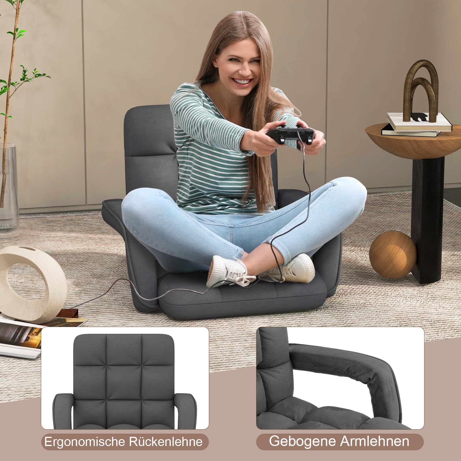 GOPLUS Bodenstuhl, gepolstertes Bodensofa mit Armlehnen & 6-Fach Verstellbarer Rückenlehne, Bodensessel mit Metallrahmen, Meditationsstuhl Lesesessel Loungesessel für Wohnzimmer, Grau