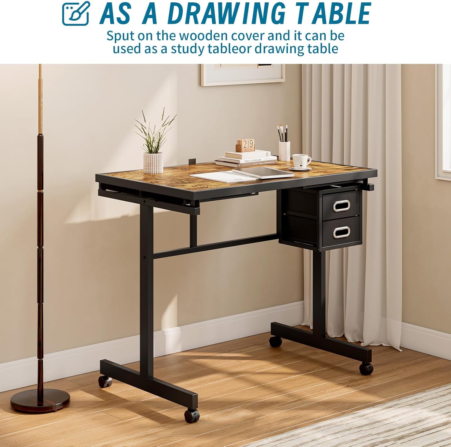 Adjustable Height & Angle 1000 Piece Puzzle Table with Wheels, Metal Jigsaw Puzzle Board for Adults with 4 Felt Trays, 2 Storage Drawers, Wooden Protective Cover & Tilting Desk,Portable Puzzle Table