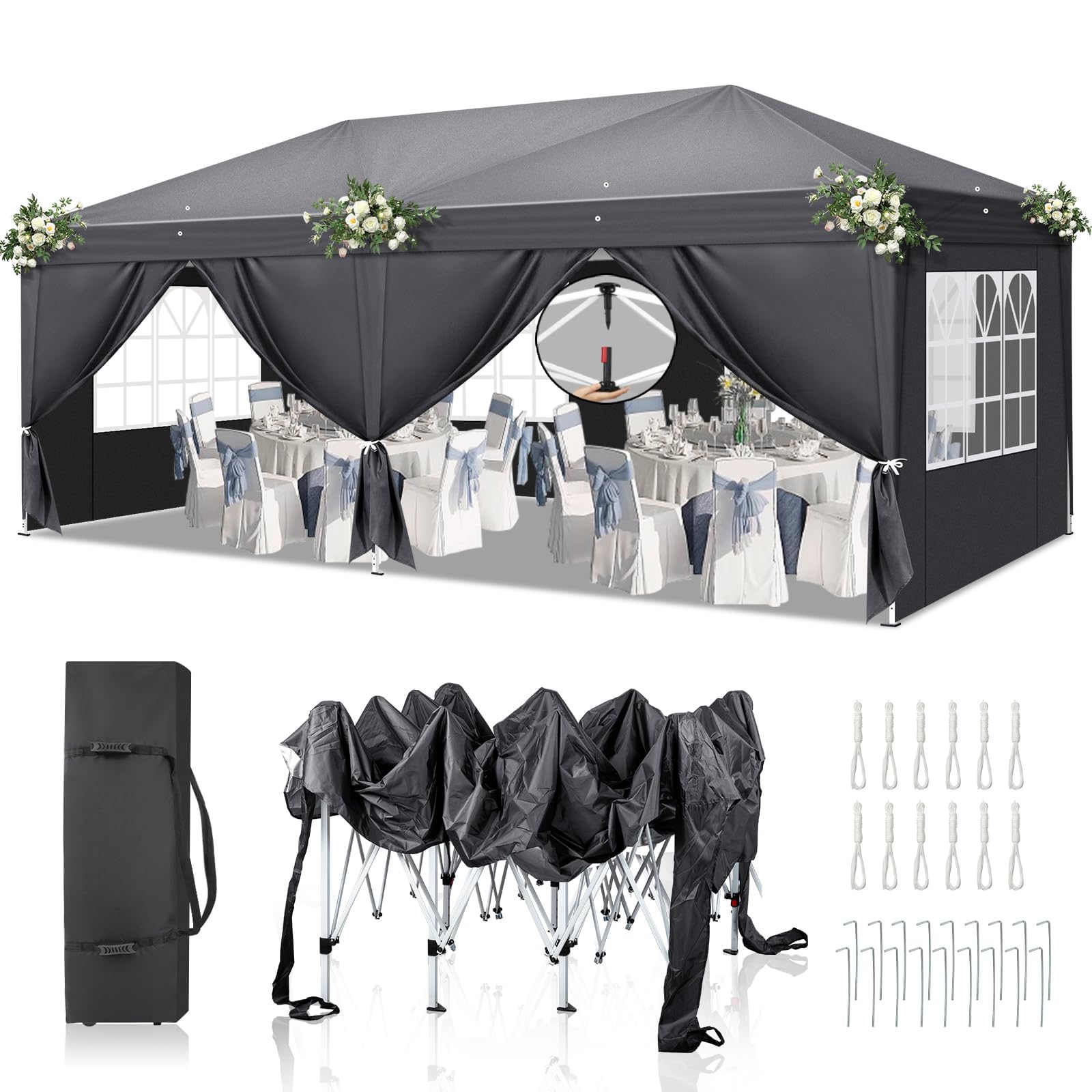 LEADZM Pavillon 3x6 m,Pop-Up Faltpavillon One-Touch, Metallrahmen,Wasserdicht UV-Schutz 50+ Stabil, Höhenverstellbar,Gartenzelt Partyzelt mit 6 Seitenteilen für Camping,Party,Anthrazit
