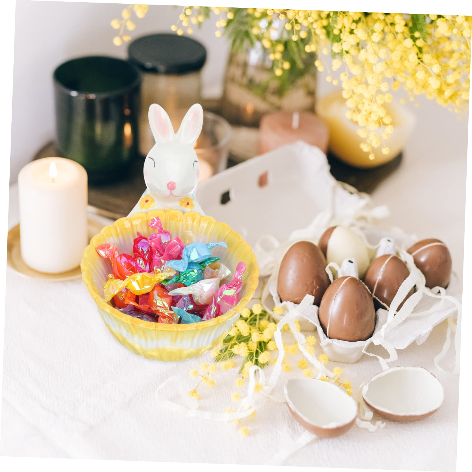 Cestino Decorativo Con Statuina A Forma Di Coniglietto Per Pasqua in Ceramica Con Contenitore Per Caramelle E Coniglietto