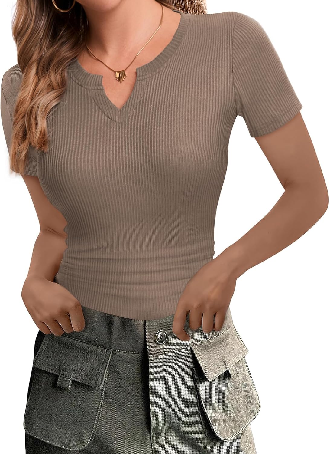 Crop Tops for Women V Neck Ribbed Knit Fitted Shirts Trendy Summer Basic Tees Textured Solid Color Blouse - Image 2