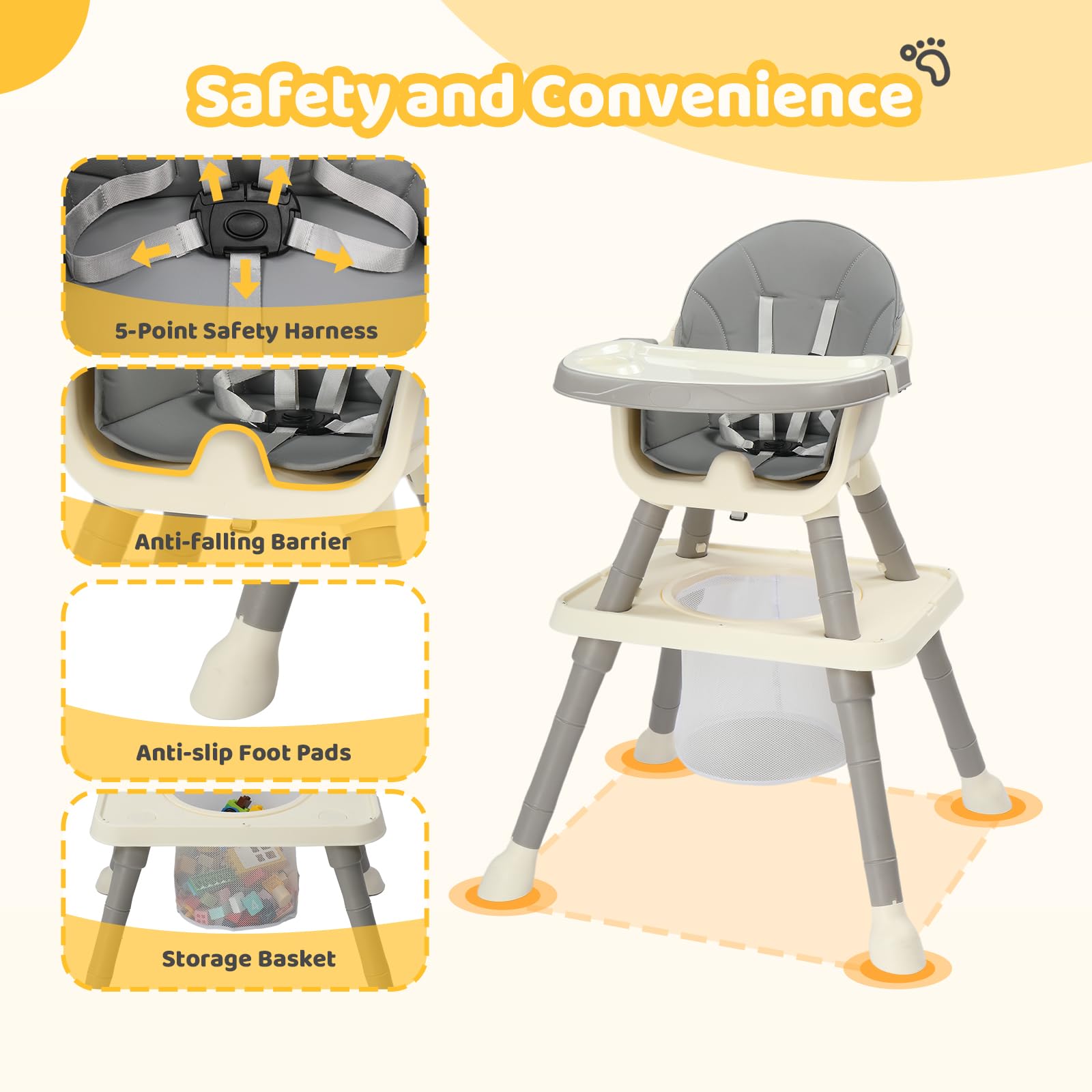 Bonnlo Baby Hochstuhl mit Liegefunktion, Hochstuhl Baby ab 6 Monate für Essen und Badewanne, Premium Babystuhl mit Goldrahmen, Inkl. Doppeltablett und Fußstütze, Bis 15 kg (Grau)