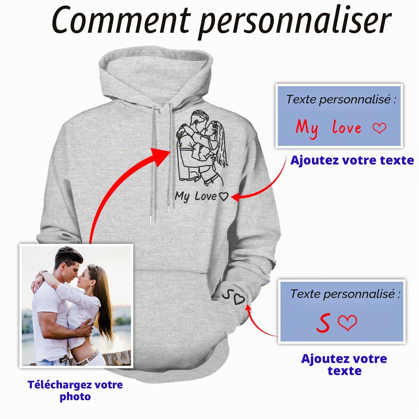 Sweat à Capuche Personnalisé Créez Votre Propre Sweat à Capuche Portrait de Photo Cadeau de Saint-Valentin pour Hommes et Femmes