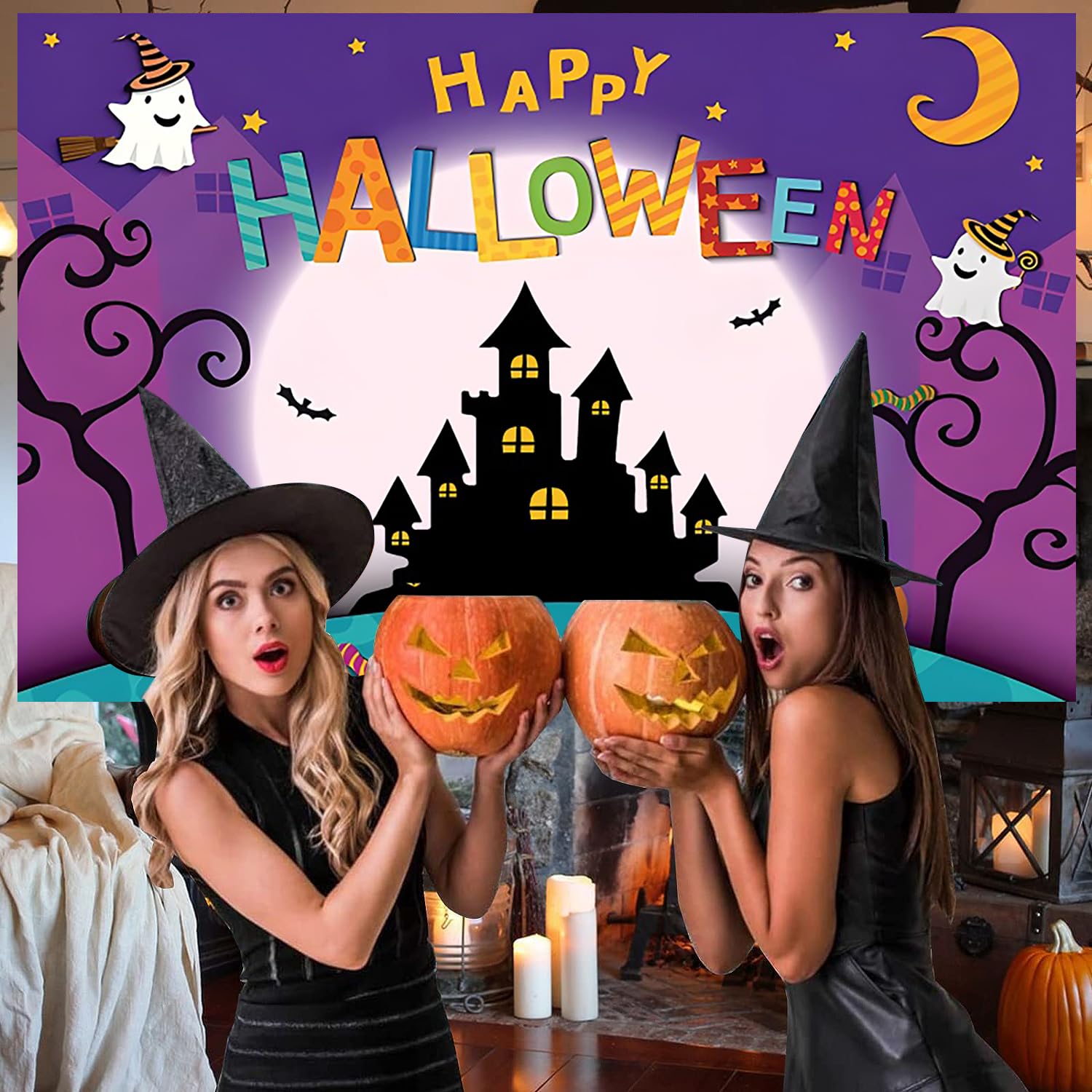 Halloween Backdrop 10x8ft - Pumpkin Bat Starry Sky Photo Background For Parties