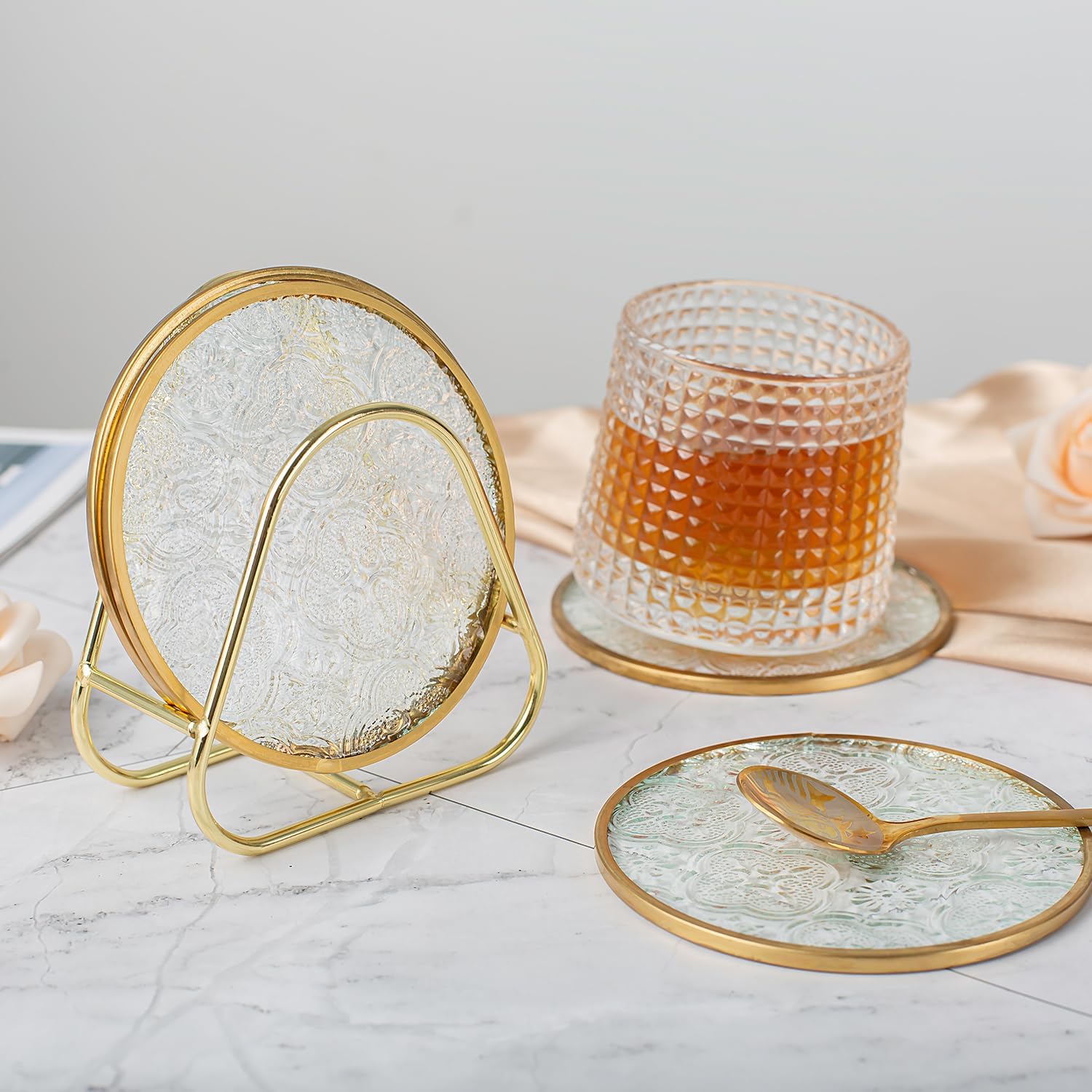 Glass Gold Coasters with Holder Set of 4, Round Cup Coaster Set with Carved Glass Stylish for Coffee Tea Wine Coasters for Bar Drink with Brass Edge Coasters Home Decor