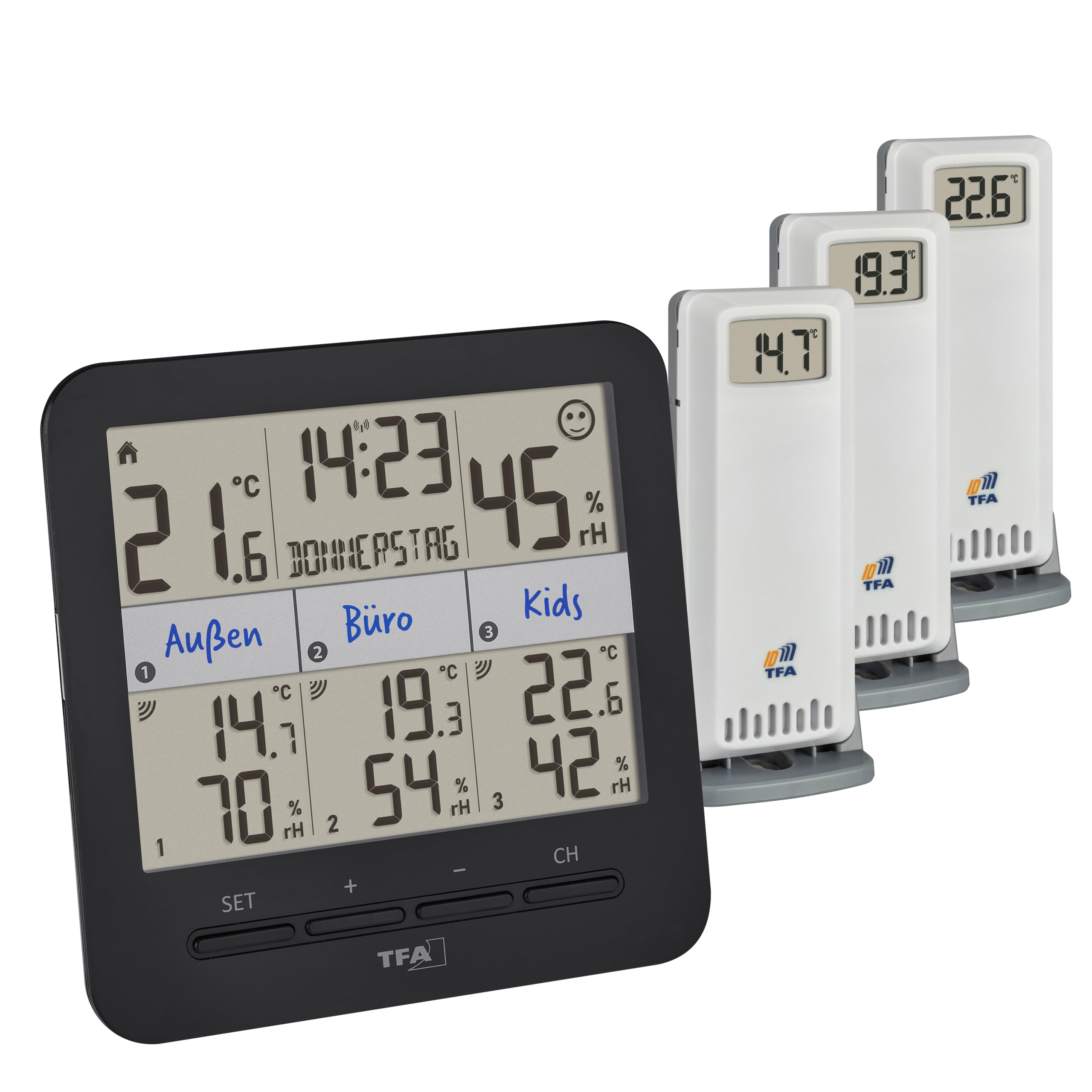 TFA Dostmann Termohigrometr z 3 nadajnikami Klima@Home2, 30.3075.01, temperatura/wilgotność powietrza w pomieszczeniach mieszkalnych i roboczych, wraz z podaniem punktu rosy w celu uniknięcia