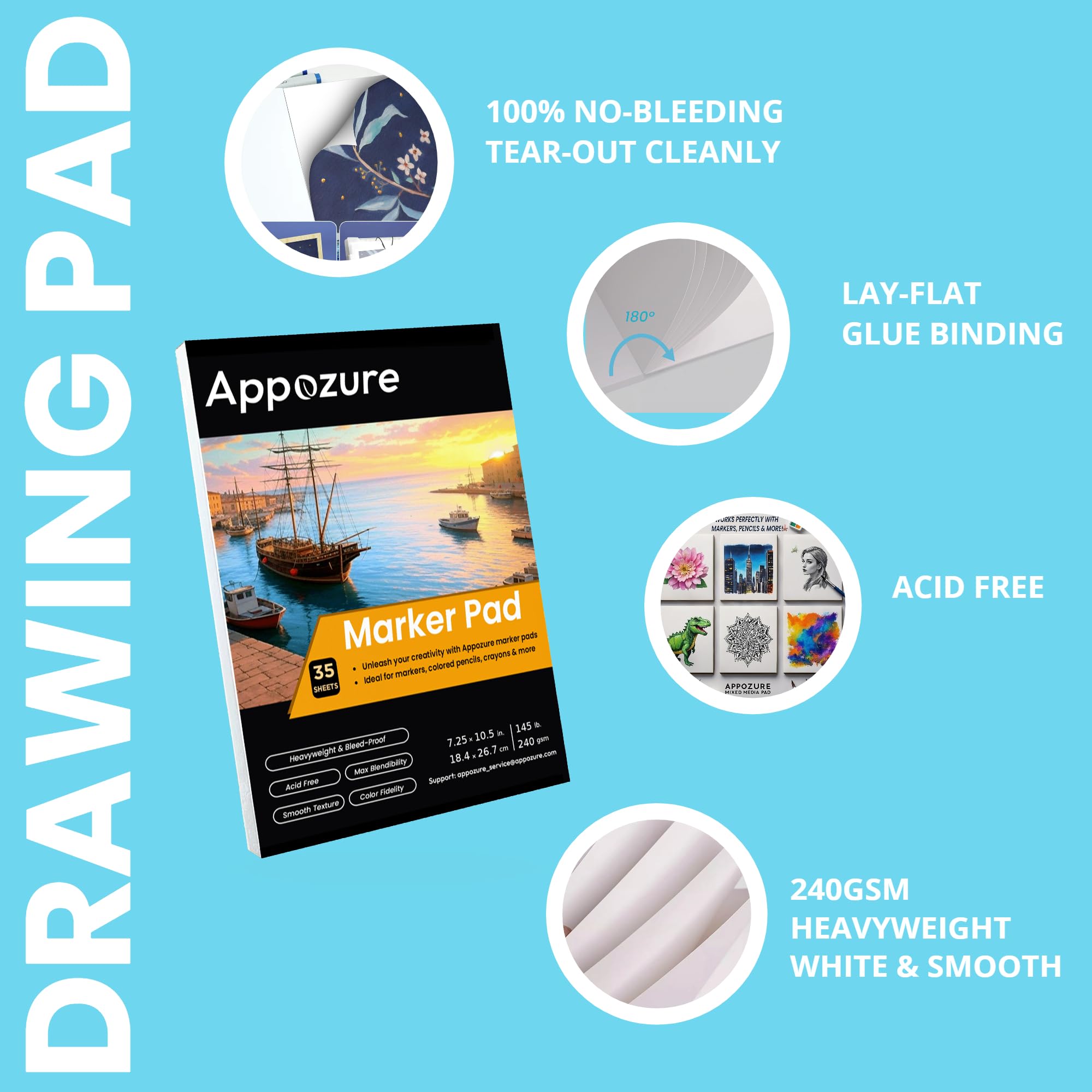 Appozure Mixed Media Art Sketchbook, blocco per pennarelli, formato portatile, 18 cm x 25 cm, carta da disegno liscia e pesante, 65,8 kg/240 g/m², 35 fogli/75 pagine, album da disegno rilegato