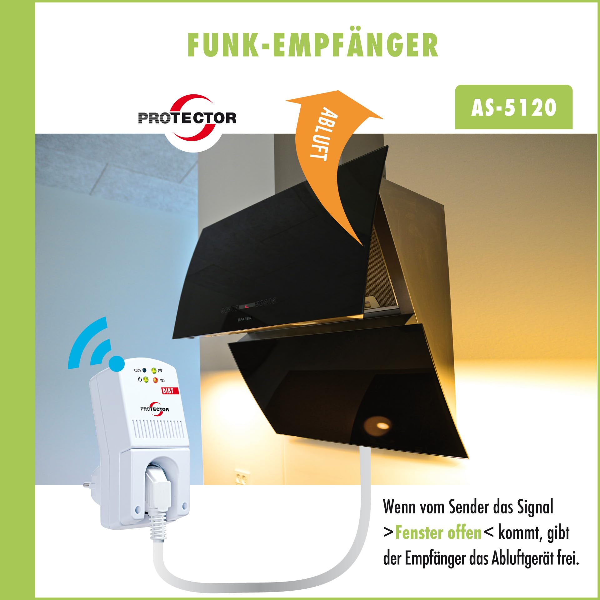 Protector AS-5120 Funk-Abluftsteuerung mit Mini Fensterkontaktschalter & Funksteckdose für Dunstabzugshaube & Kamin, Zuluftwächter, Fensterkontaktschalter Funk mit DIBT-Zulassung & Umstecksicherung