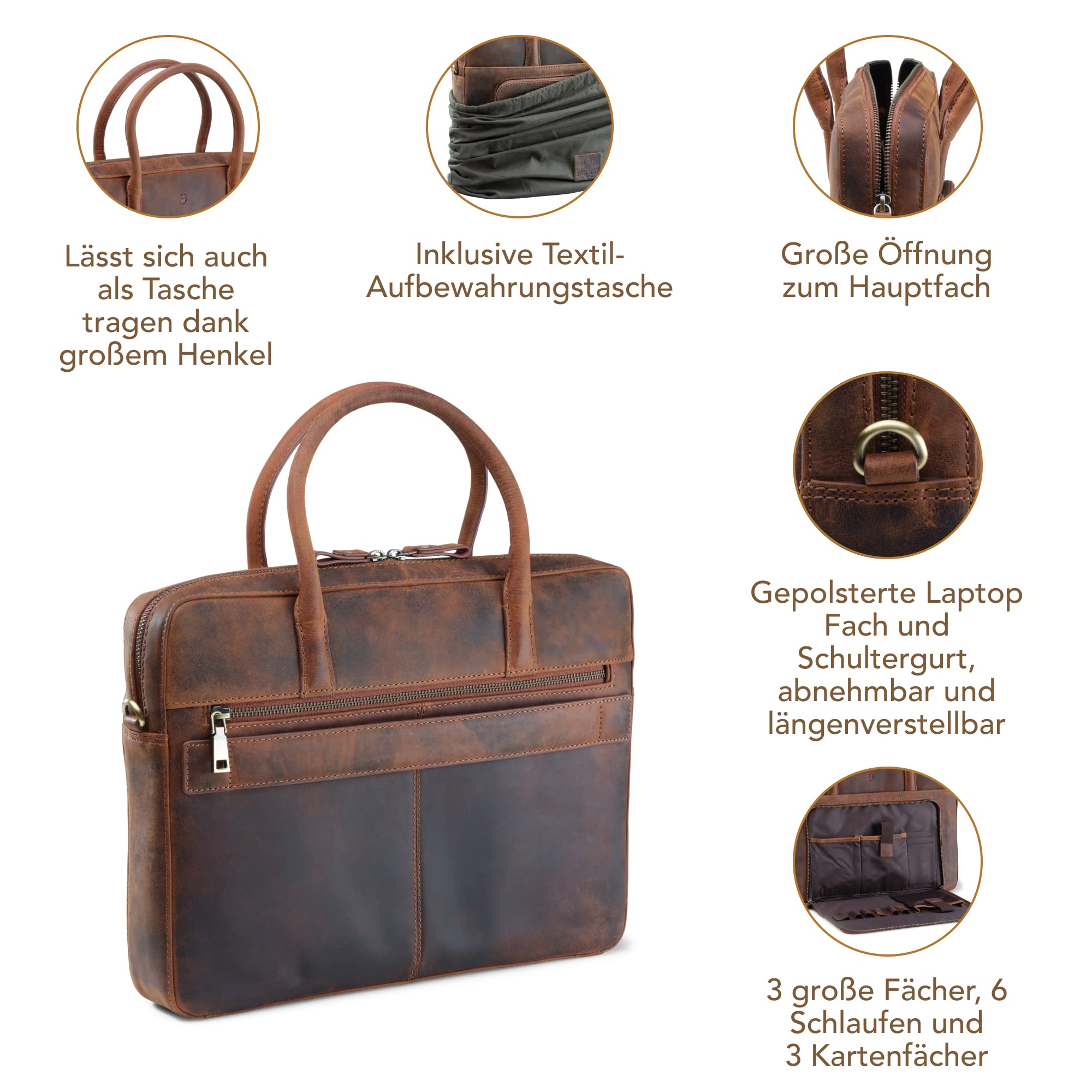 DONBOLSO Laptoptasche Nizza I Leder Umhängetasche mit Notebookfach I Aktentasche für Laptop I Schultertasche für Damen und Herren I Businesstasche I Vintage Braun