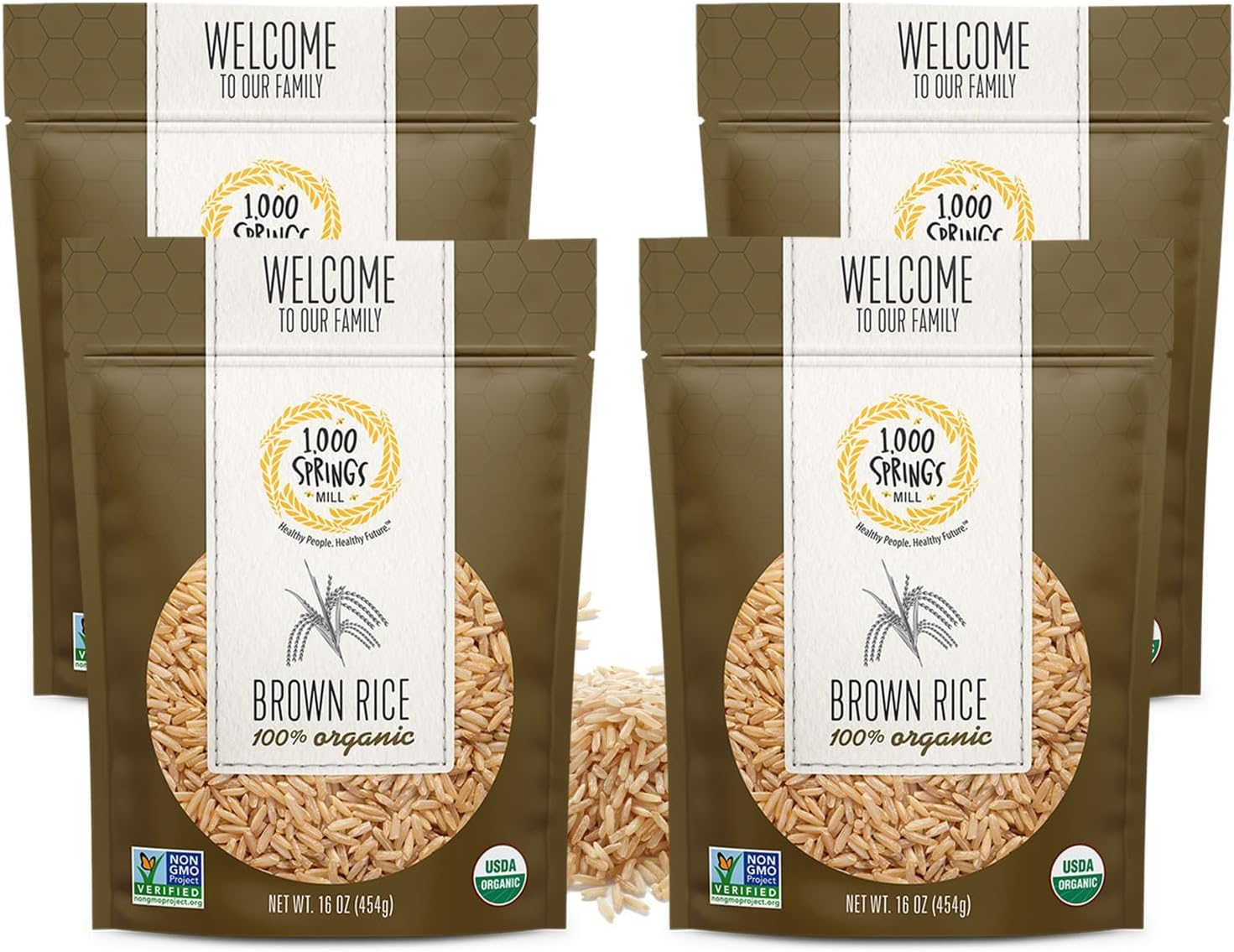 1000 Springs Mill Organic Brown Rice - Non-GMO, Bulk Dry Brown Rice with Resealable Bag - Highly Nutritious Whole Grain for a Healthy Diet - Delicious Taste, Gluten Free Brown Rice - 16oz (Pack of 4)