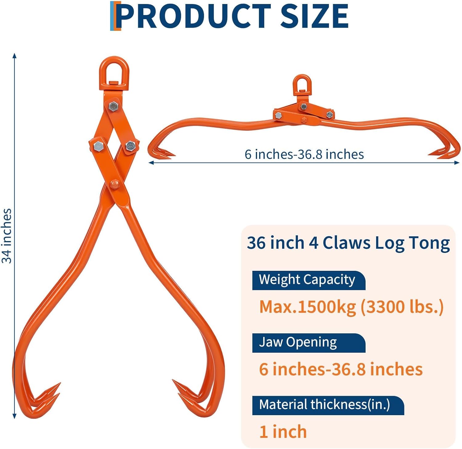 PeakPursuit 36 Inch Log Lifting Tongs,Heavy Duty 3300 Lbs Capacity Serrated Claw Hook Timber Tongs for Tractors, Forklifts, ATV Logging & Lumber Handling