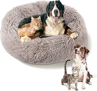Almcmy Calming Dog Bed, 30'' Round Donut Cuddler Cat Bed with Waterproof Bottom, Warm Fluffy Pet Bed Cushion, Self Warming Calming Bed for Small Dogs Kittens, Machine Washable, Beige