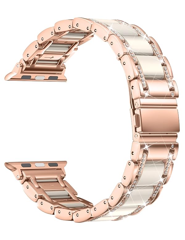 Moolia Metal Band Compatible with Apple Watch Band 38/40/41/42mm Women Rhinestones Resin Wristband Bling Diamond Bracelet for iWatch Series 11 10 9 8 7 6 5 4 3 2 1, Rose Gold/Starlight by Moolia - Used condition - US$22.47