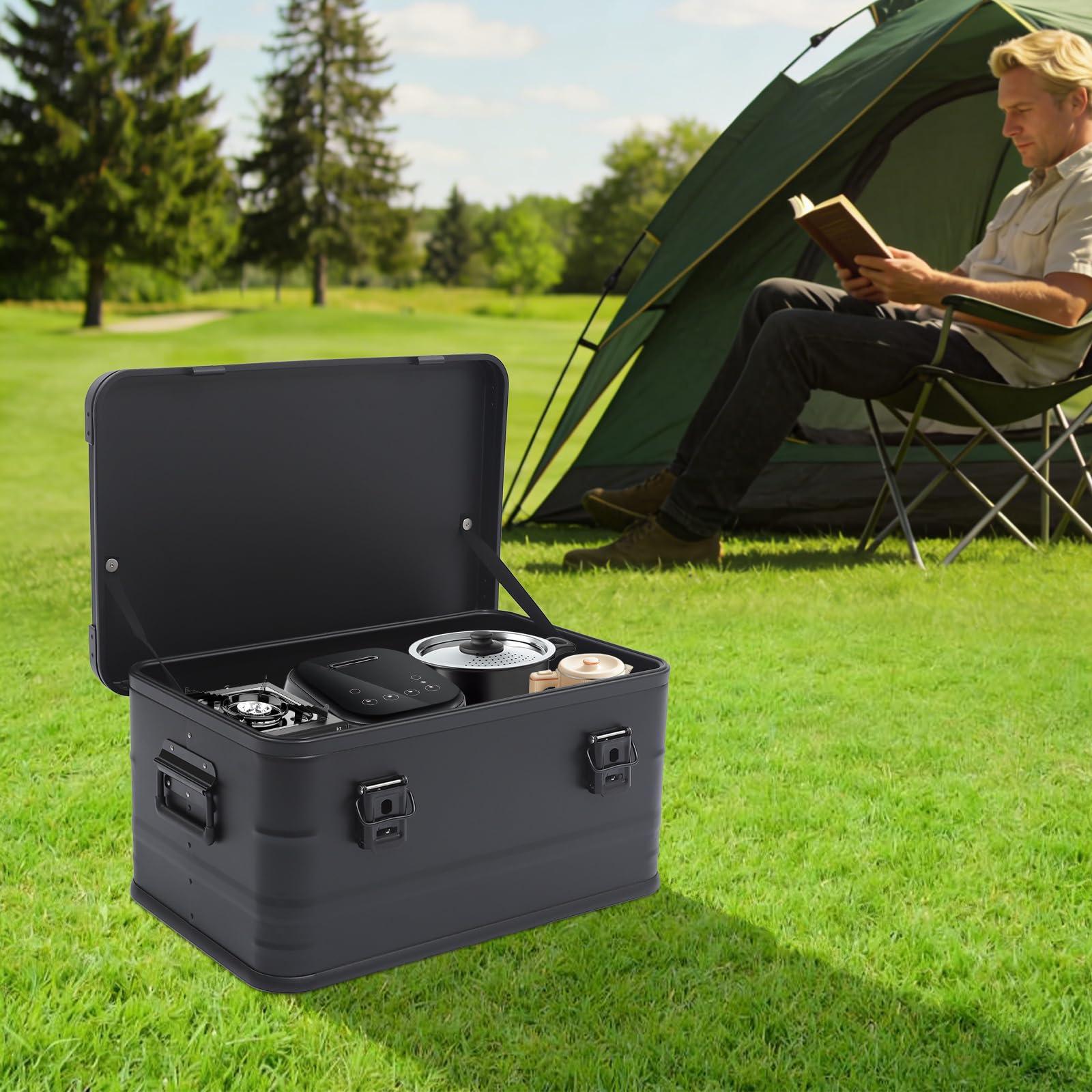 Aufbewahrungsbox mit Deckel 50L, Camping Transportbox Aluminium Wasserdicht, Stapelbar Metallbox Verschlussclips, stoßfest mit Dichtung, Outdoor Kiste für Camping, Angeln, Auto, Werkstatt