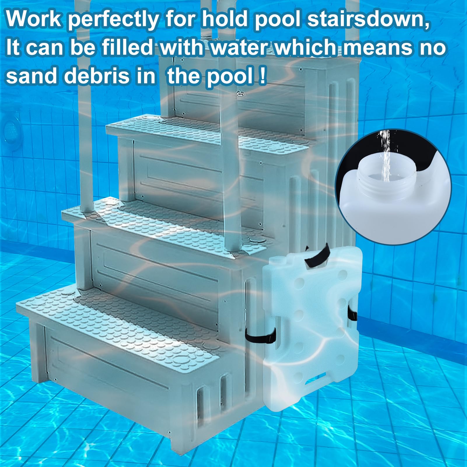 Paquete de 2 pesas de escalera de piscina para piscinas sobre el suelo, pesas de plástico extraíbles para escalones, contenedor de anclaje, bolsa de arena con 8 correas de gancho y bucle que soportan