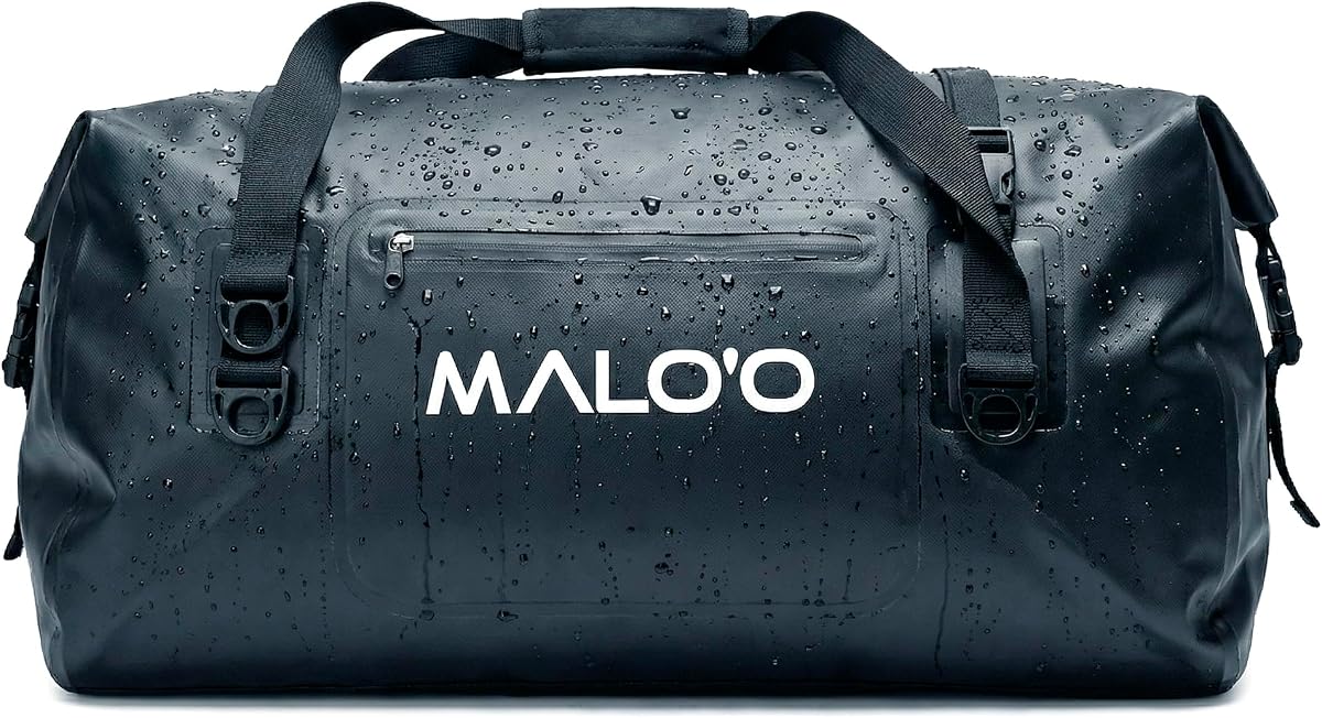 Malo'o Bolsa de viaje impermeable y seca, bolsa de equipo impermeable con tapa enrollable resistente con correa para el hombro y trabillas Molle, bolsa de viaje marina para kayak, canotaje, camping, playa y viajes, negro, 40 L