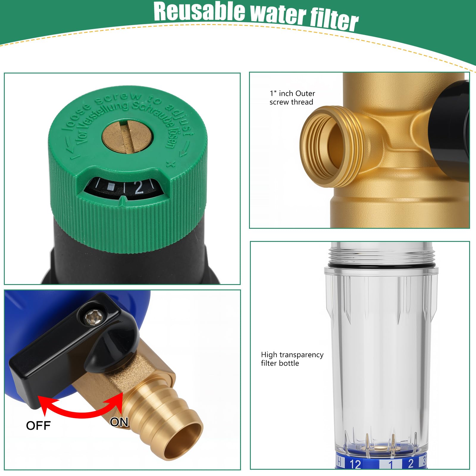1 Zoll Druckminderer Wasser mit Manometer, Ausspülbarer Feinfilter Sedimentfilter