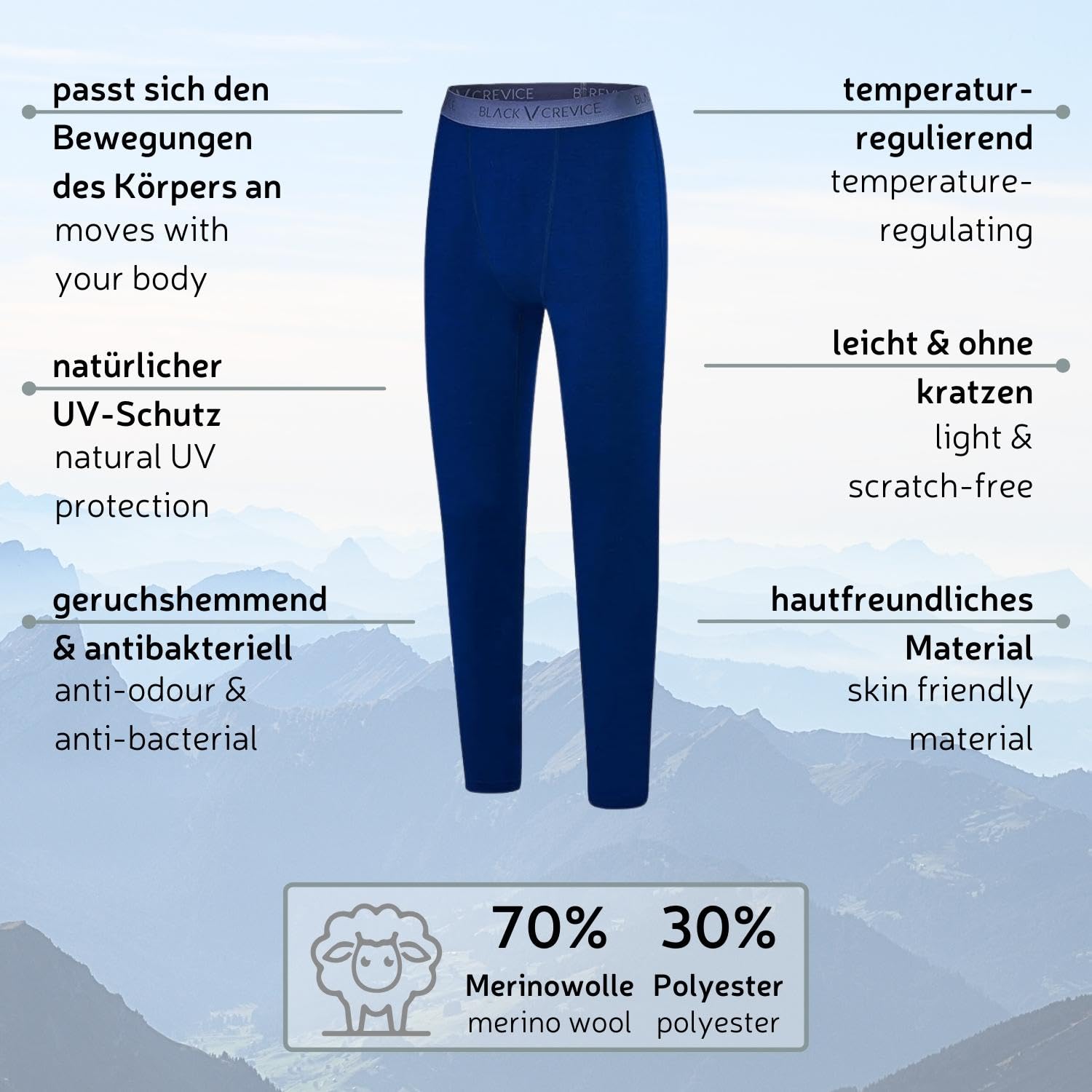 Black Crevice Leggings mérinos Homme I sous-vêtements mérinos de Haute qualité I sous-vêtement de Ski 70% Laine mérinos & 30% Polyester (PES) I Leggings mérinos Homme thermorégulateur