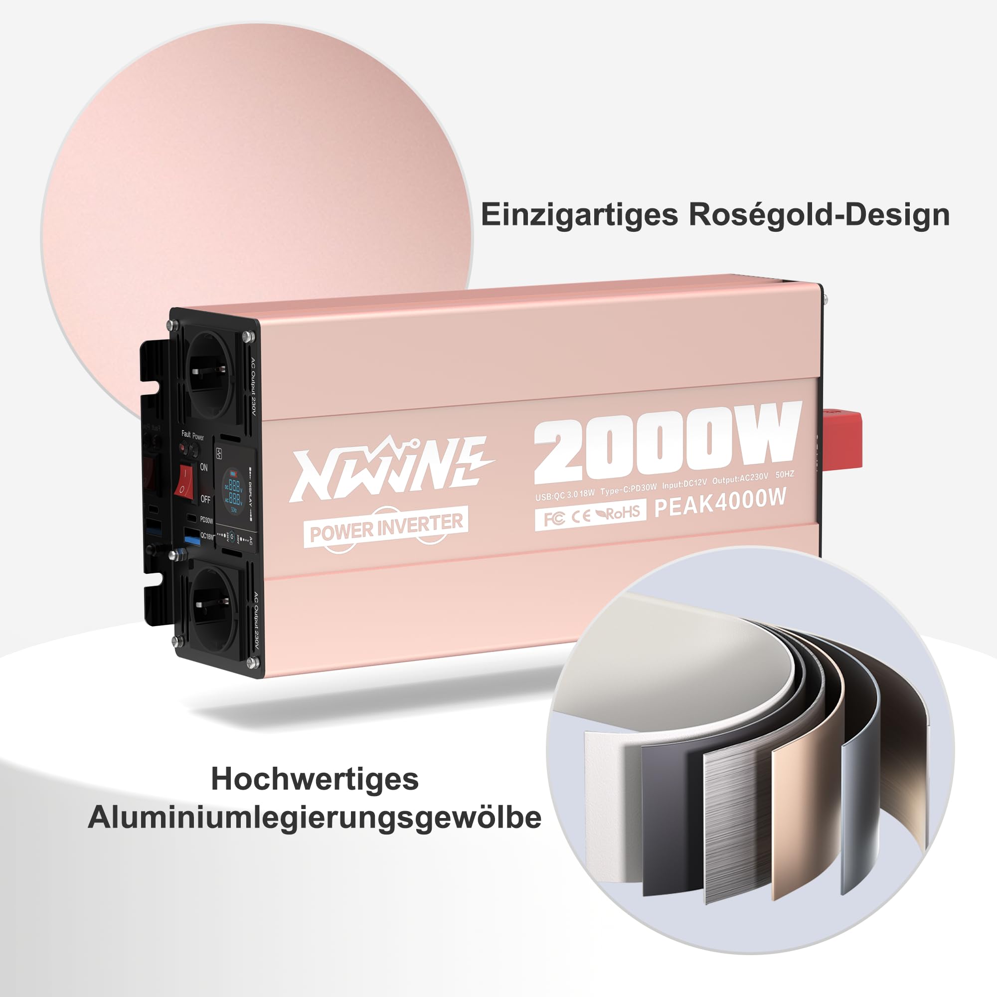 XWJNE Spannungswandler 12V auf 230V, 2000W Reiner Sinus Wechselrichter mit AC-Steckdose, USB-A & USB-C, LCD-Display, für Auto, Wohnmobil & LKW
