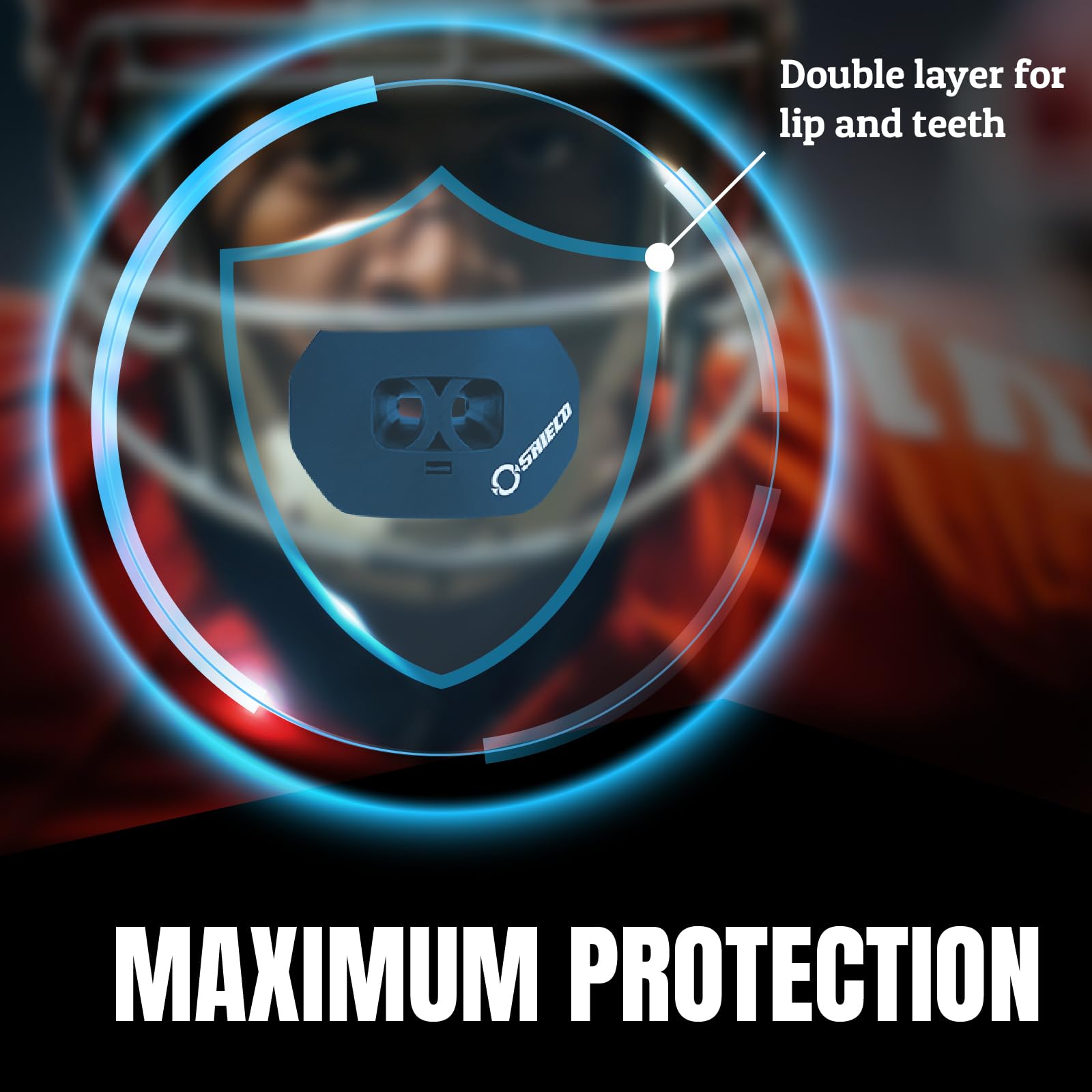 O Shield Protector bucal para fútbol con protección de doble capa, canales de aire integrados, protector labial extendido, material suave, tamaños para adultos y jóvenes con correa/funda, azul marino