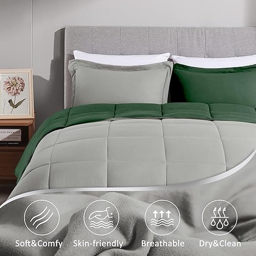 Miniatura 5 de LOVTEX Juego de edredón de 3 piezas, color verde esmeralda, tamaño Queen, microfibra lavada ultrasuave, edredón reversible de plumón alternativo con