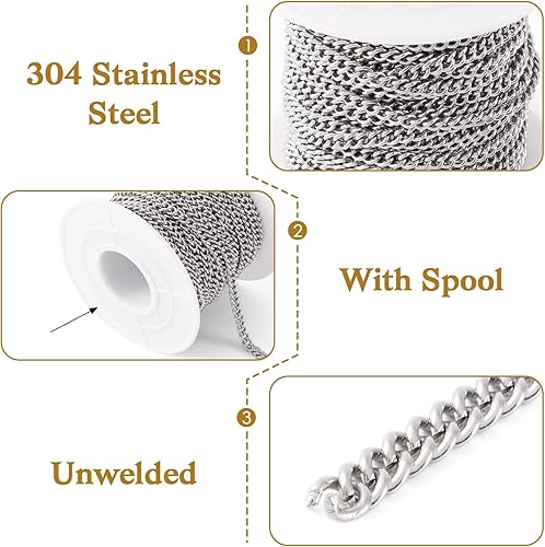 Miniatura 3 de Pandahall - Cadena de cable de acero inoxidable 304 de 32.8 pies de 0.157 x 0.118 x 0.039 in para hacer joyas