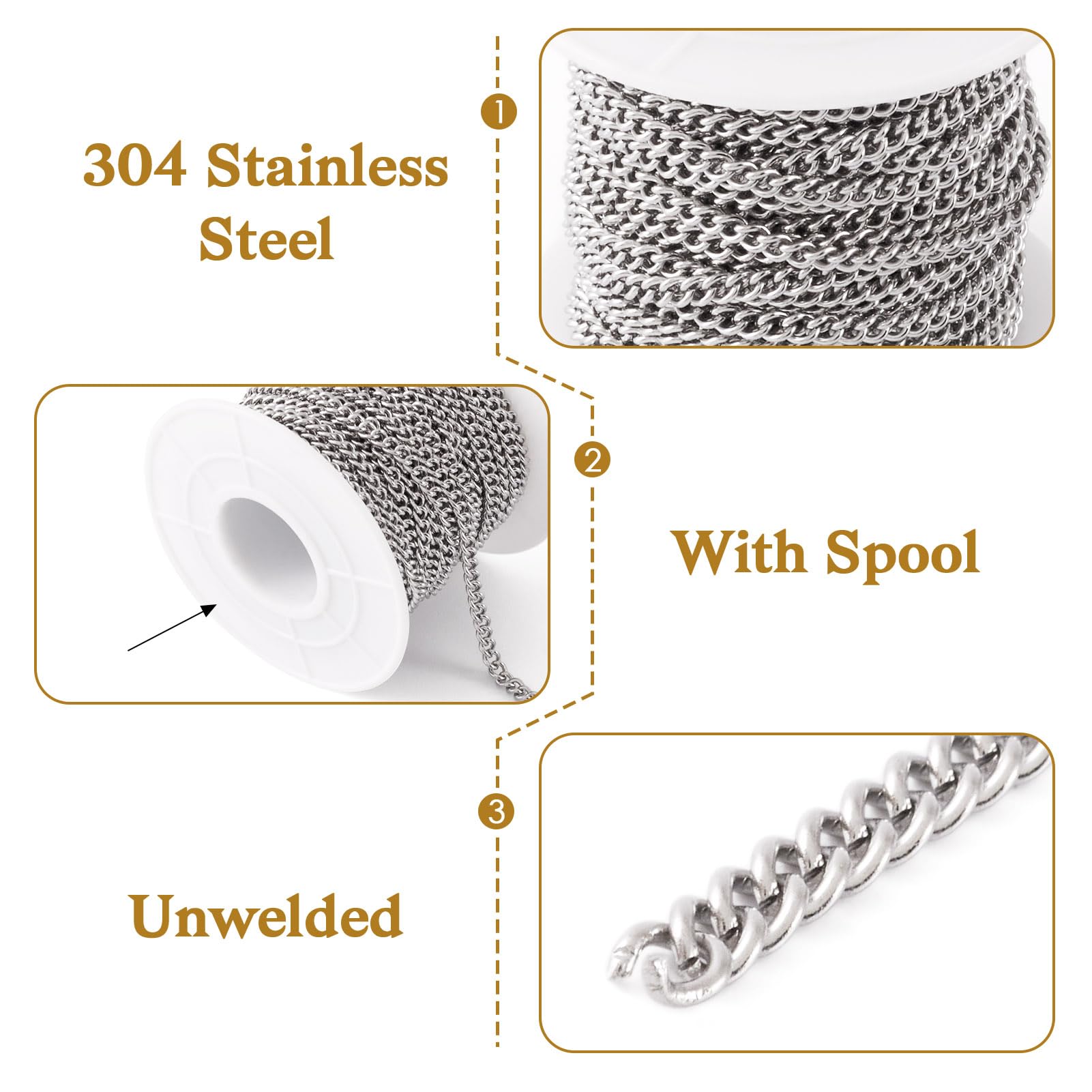 KISSITTY 32.8 Feet Stainless Steel Unwelded Cross Chain - 4x3x0.8mm Oval Link Cable For DIY Jewelry Making, Hypoallergenic - View #7