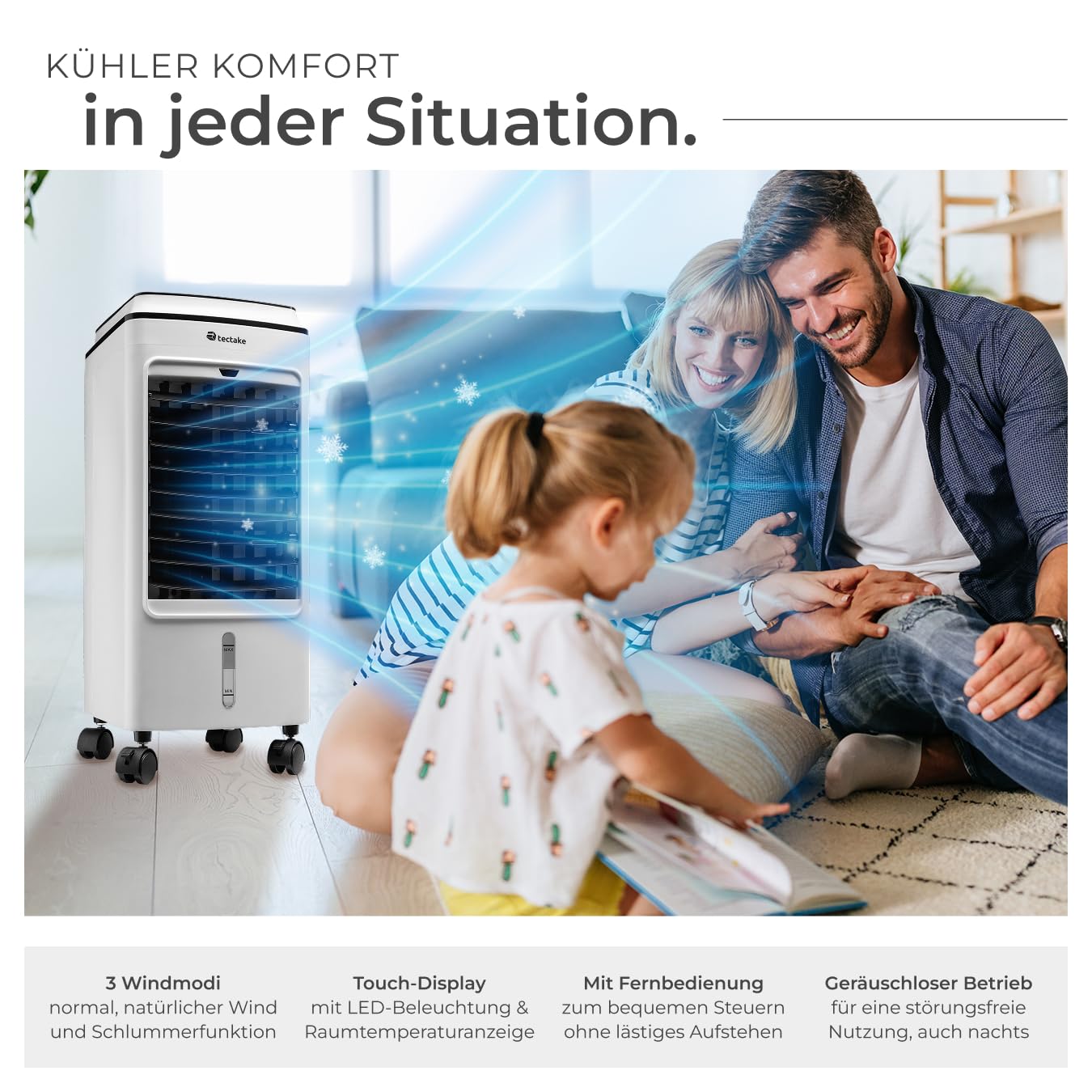 tectake® Mobiles Klimagerät 3in1, Ventilator, Air Conditioner ohne Abluftschlauch, mobiler Luftkühler mit Fernbedienung und Timer, portable Kühlung und Luftbefeuchter für Schlafzimmer oder Büro