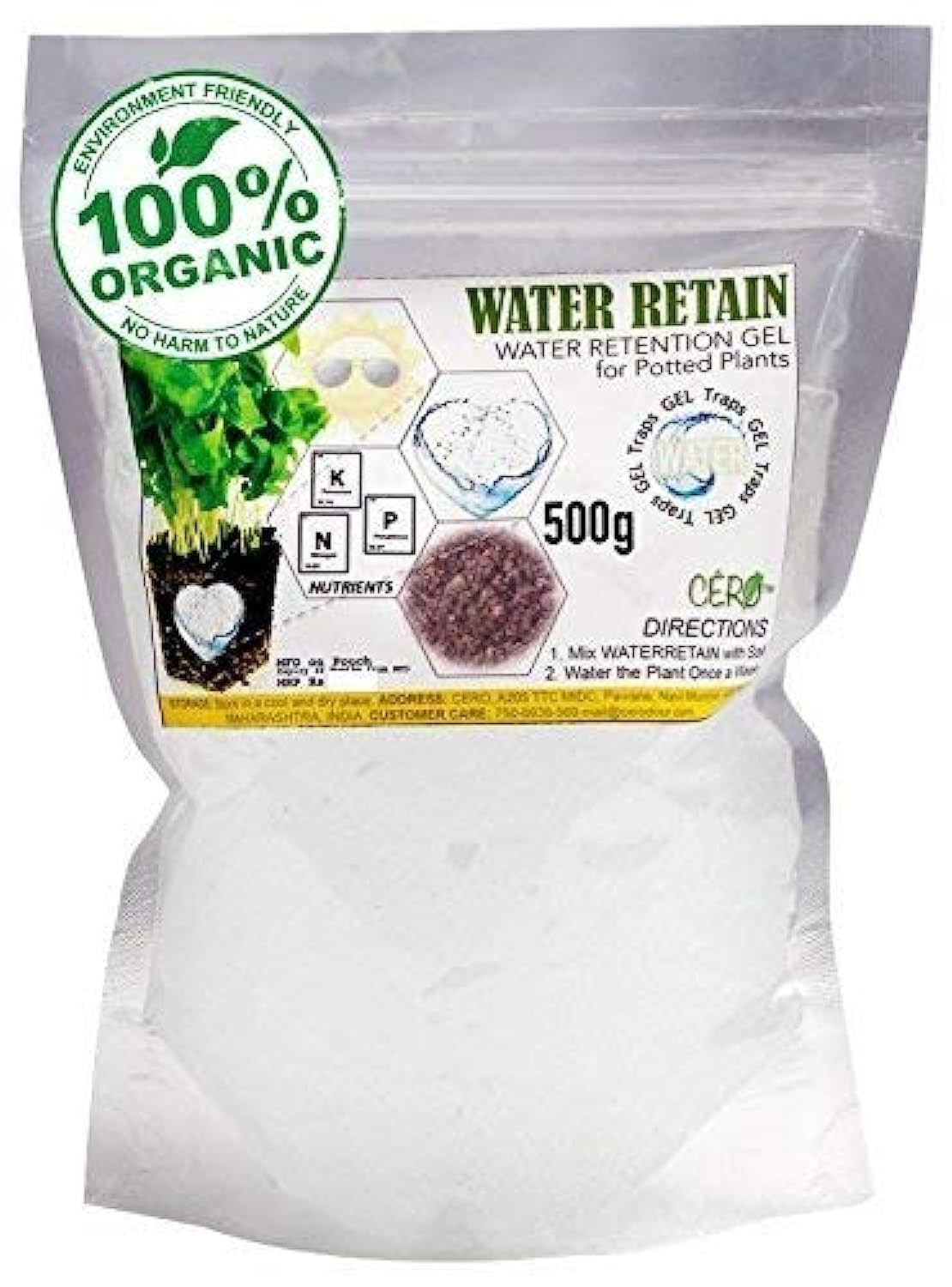 CERO Hydrogel for Plants - 100% Organic Traps Water in the Form of Gel 500gm Plant Food for Pot Plants Absorbent Hydrogels Less Watering More Growth Higher Quality Indoor & Outdoor Multipurposes