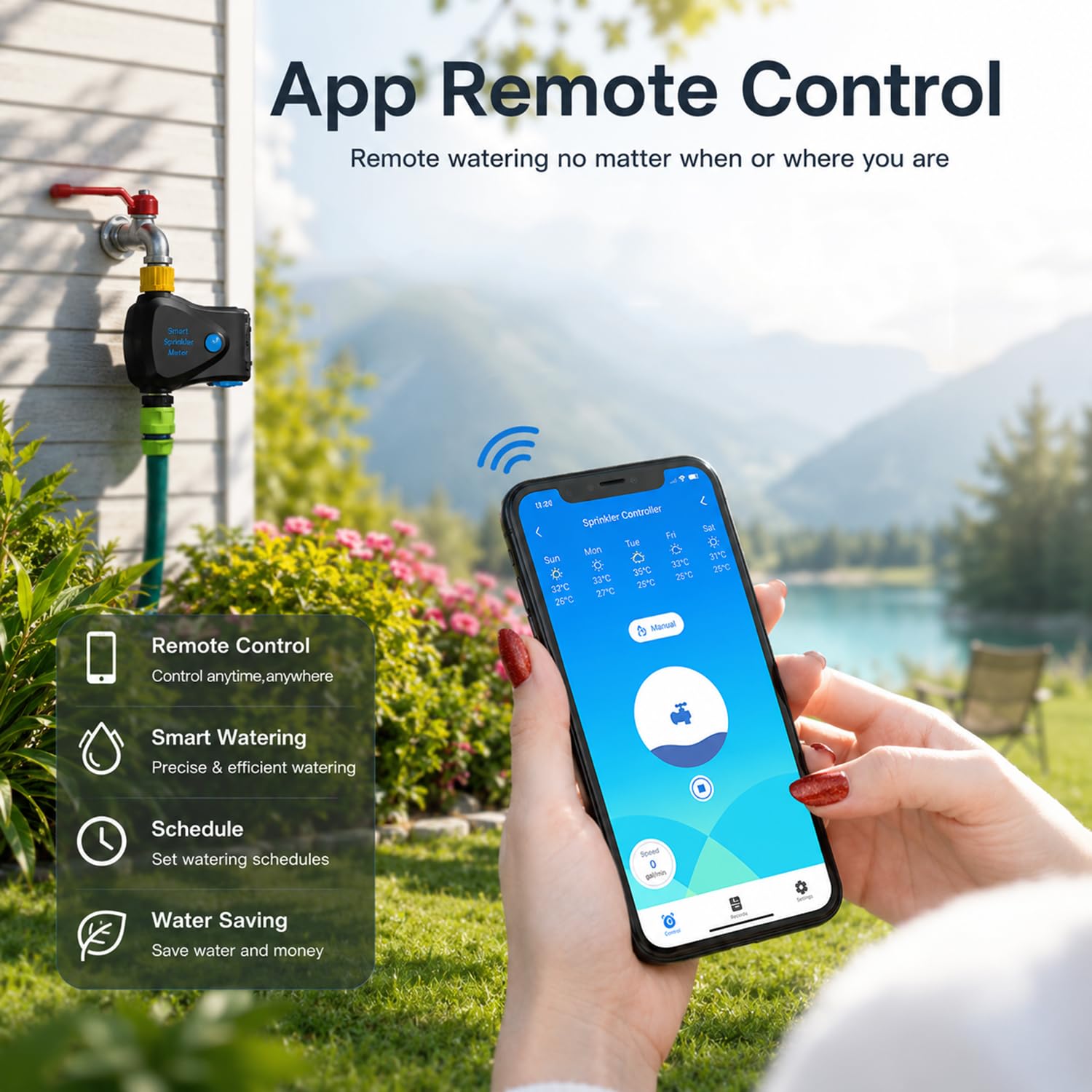 WiFi Bewässerungstimer mit Wasserzähler, Smarter Sprinkler-Timer für Garten und Rasen, App- und Alexa-Steuerung, Regenverzögerung, IP65 Wasserdicht, 3/4 Zoll Messinganschluss