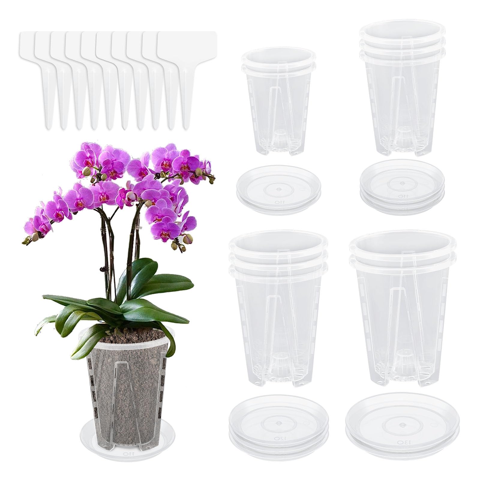10 Vasi Trasparenti Per Orchidee, In Plastica, Con Fori E Piattini