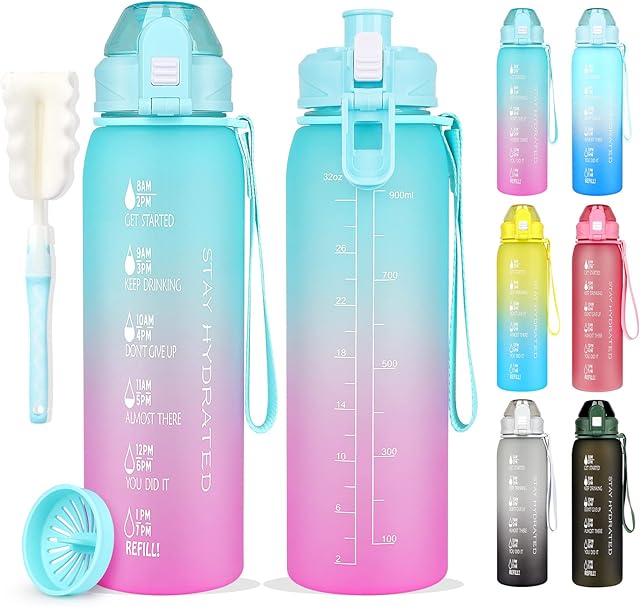 AOHAN Water Bottle 1l, Sports Water Bottle with Time Markings, BPA Free Drinks Bottle, Leakproof Motivational Water Bottle with Filter and Brush Perfect for Gym,Running,School,Cycling
