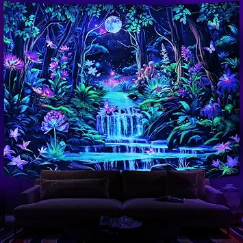 Leofanger Blacklight الخيال نسيج الغابات الجمالية نسيج القمر الأشعة فوق البنفسجية التفاعلية نيون غالاكسي الفضاء جدار المفروشات تريبي النبات الأزهار المفروشات الجدار شنقا للديكور المنزل51.2 "x59.1"