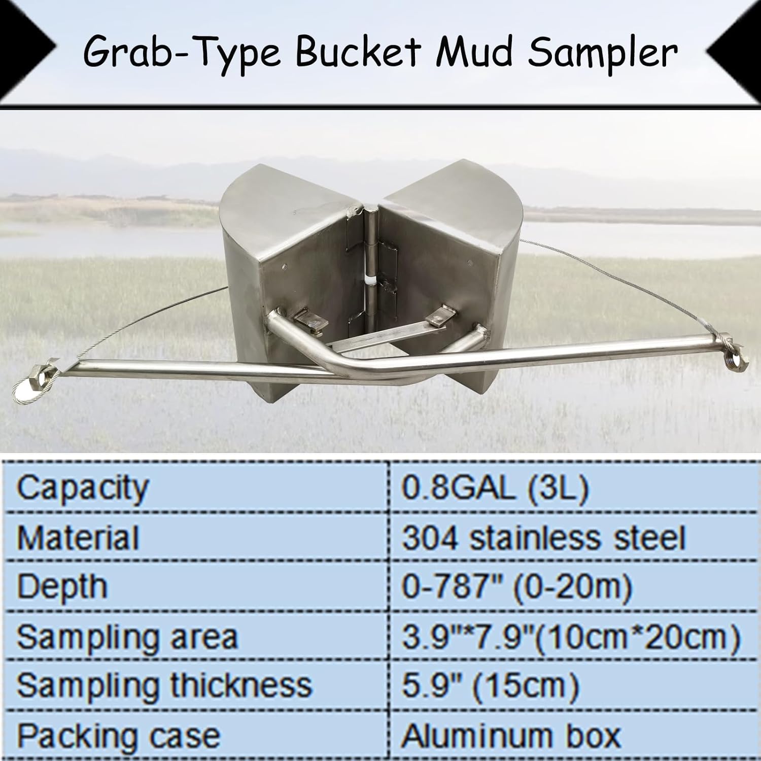 INTBUYING Sludge Sampler 3L Stainless Steel Grab-Type Bucket Mud Sampler with Aluminum Box Sampler for Collecting Silt from Rivers and Lakes