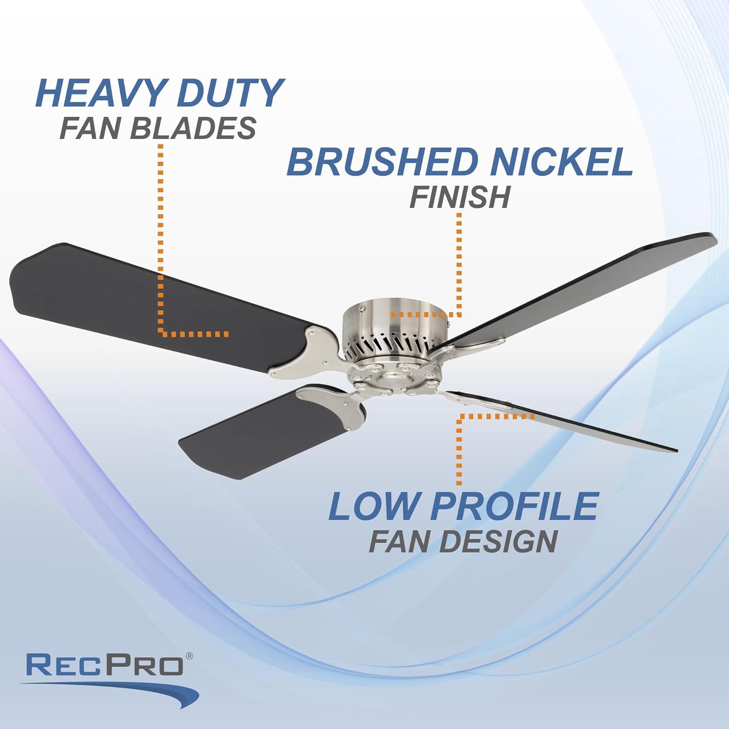 RecPro RV 12V Ceiling Fan | 4-Blade | 4-Speed | Near Silent Operation | Reversing Direction Wall Control (Brushed Nickel: Black Blades, 42")