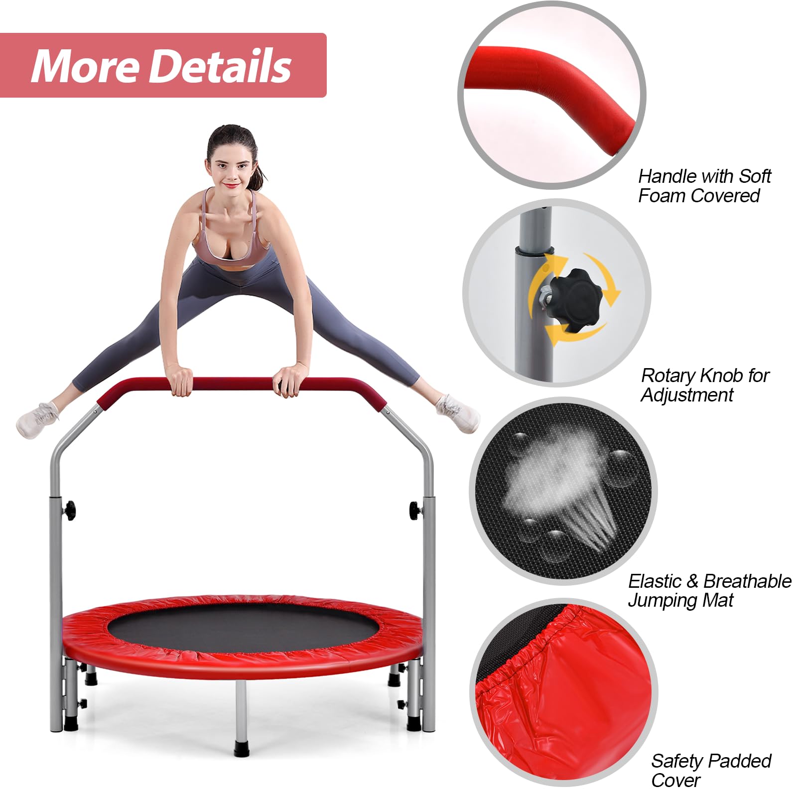 LIFEZEAL Trampolín Plegable, Mini reboteador con barandilla Ajustable, Mini trampolín de Fitness Interior para Adultos, niños, Ø 101 cm, Carga máx. 150 kg