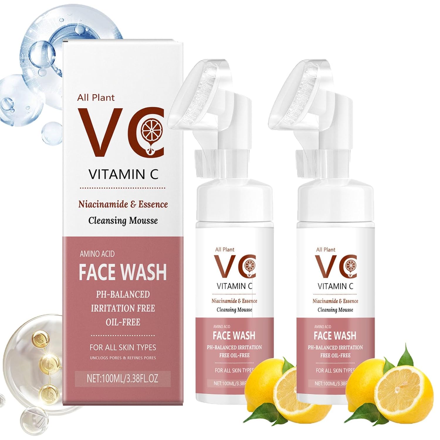 Vitamin Face Wash, Vc Face Wash, Vitamin C Collagen Anti-Aging Facial Cleanser Foam with Brush for Women (2)