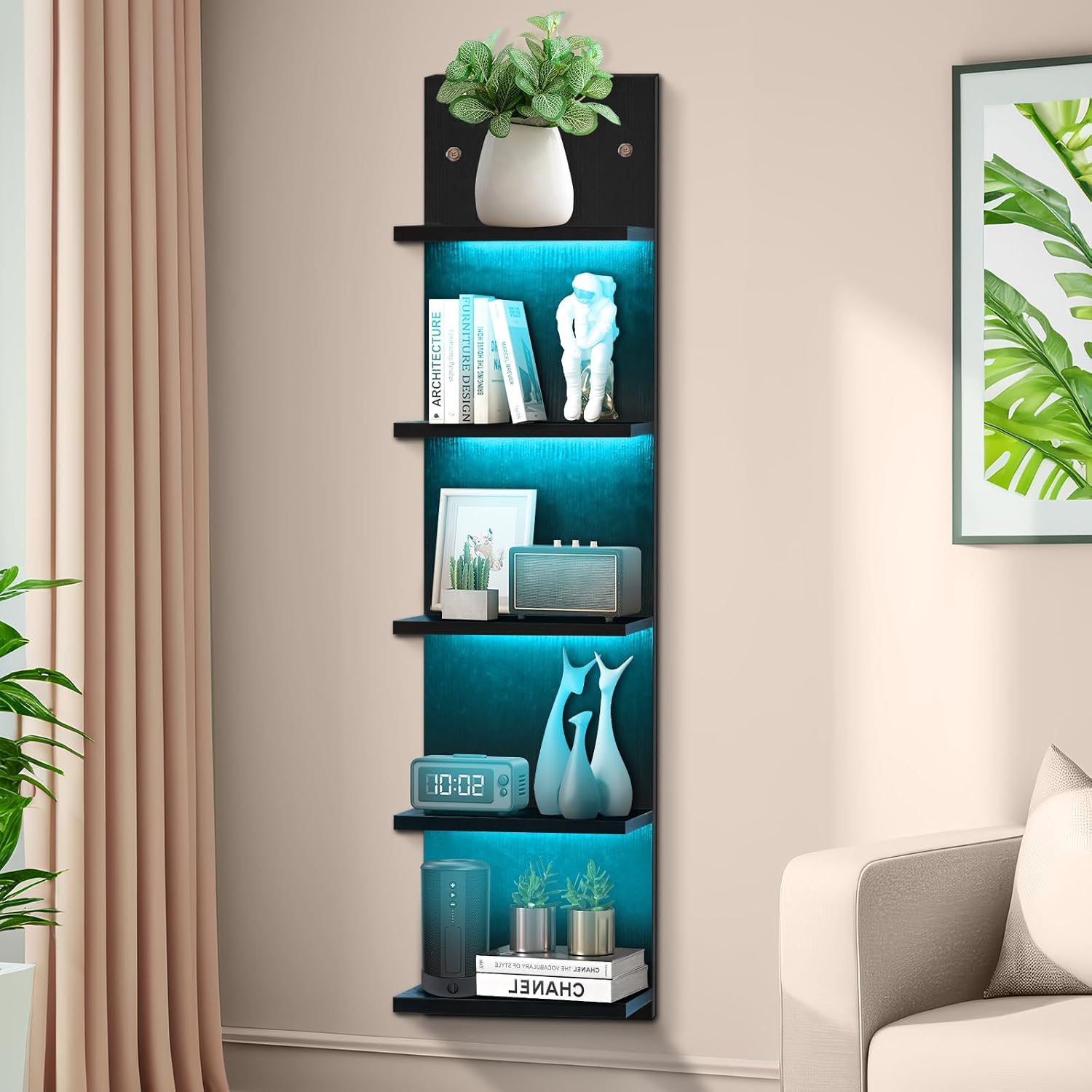 Black 5 Tier Display Shelf Case with Lights LED Wall Mount Vertical Lack Shelf Wall Decor RGB Lighting for Bedroom Living Room Gaming Floating Shelves Supports USB