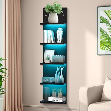 Black 5 Tier Display Shelf Case with Lights LED Wall Mount Vertical Lack Shelf Wall Decor RGB Lighting for Bedroom Living Room Gaming Floating Shelves Supports USB