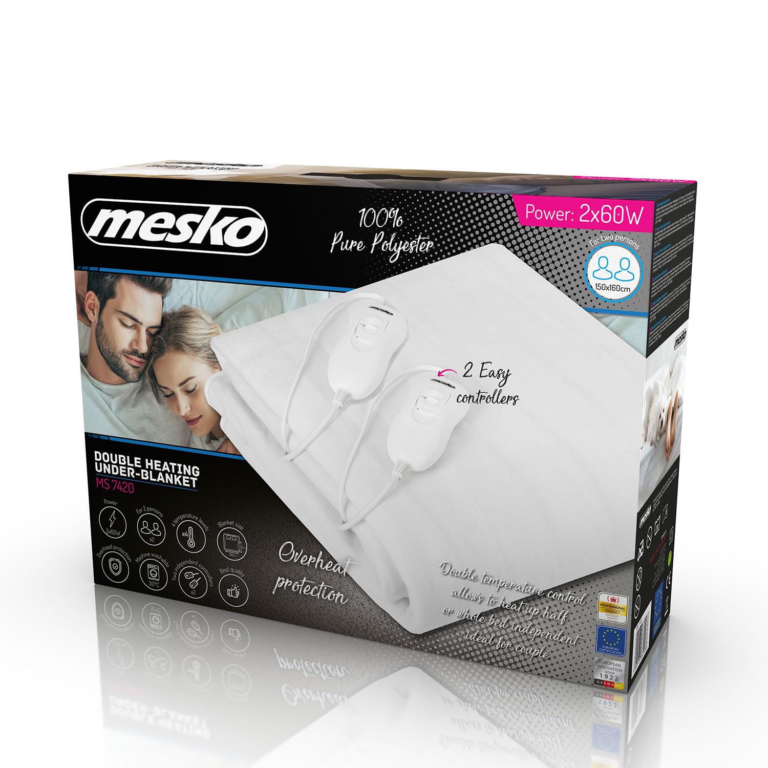 Mesko MS7420 Wärmeunterbett, 150 x 160 cm, Abschaltautomatik, Überhitzungsschutz, 3 Temperatursstufen, Bettwärmer fur Doppel Bett, Waschbar, Elektrisches Matratzenheizung, Weiß, 120W