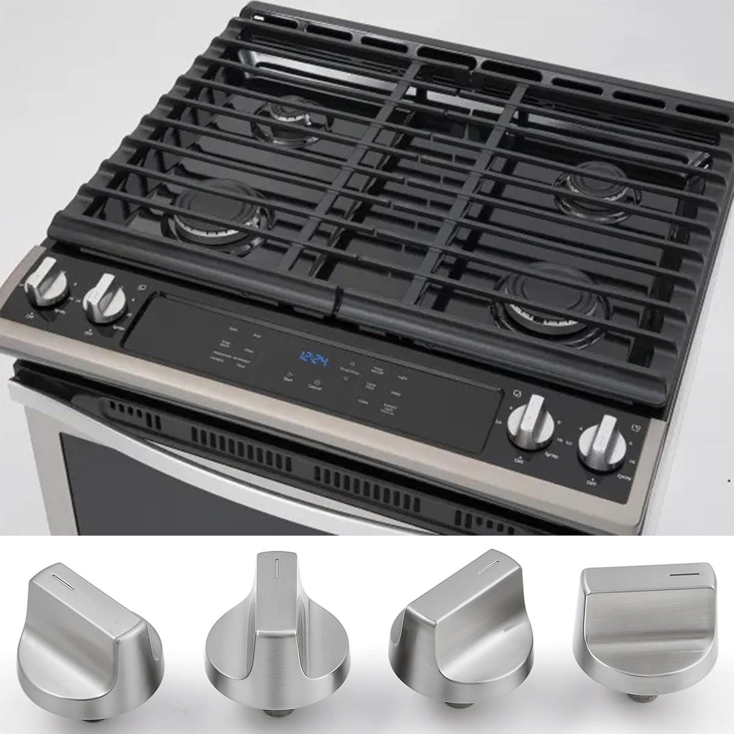 atgestore W11517334 Stove Knobs Replacement for Whirlpool Stove Parts Stainless Steel Knobs WEG745H0FS0 WEG745H0FS1 WEG515S0FS0 Whirlpool Gas Range Parts Stove Top Burner Control Knobs 4 Pcs