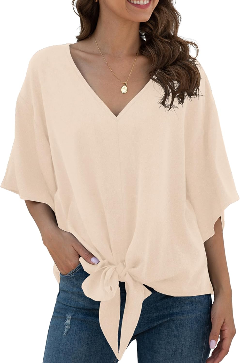 VIISHOW Womens Tie Front Chiffon Blouses V Neck Batwing Short Sleeve Summer Tops Shirts