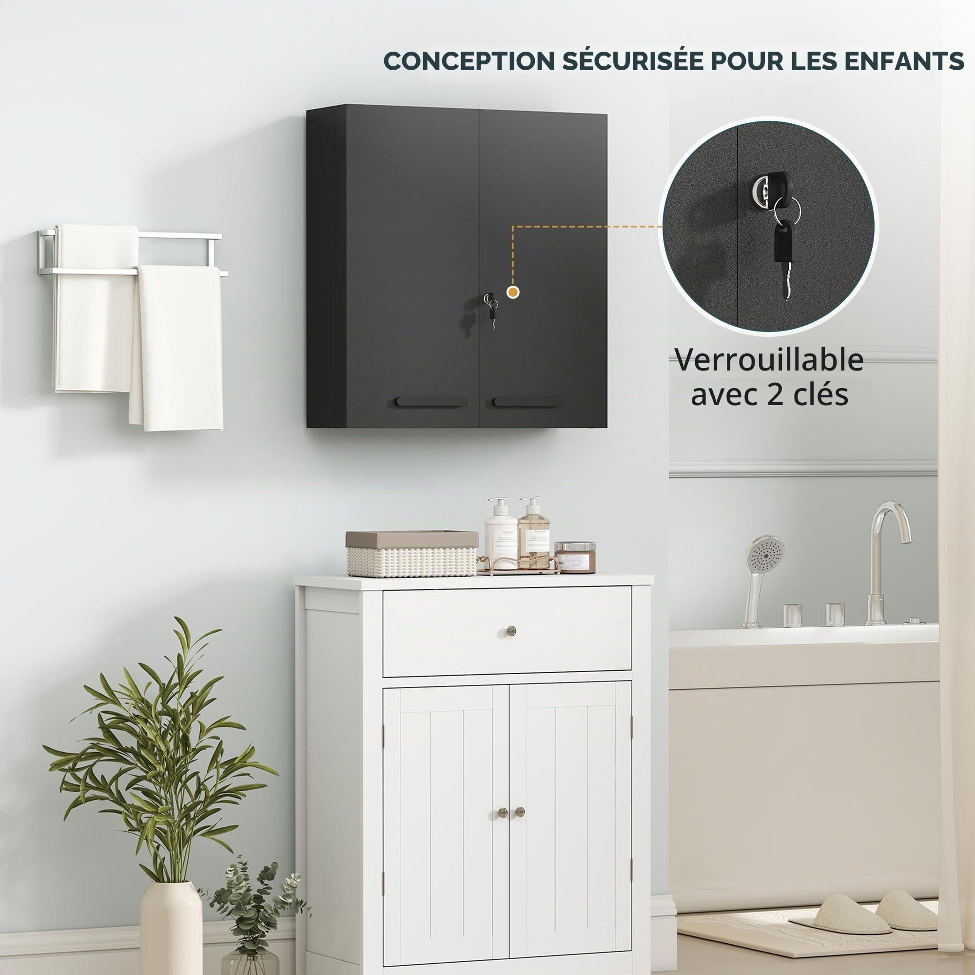 kleankin Armoire à Pharmacie Verrouillable 2 Portes 55x18x60cm Noir