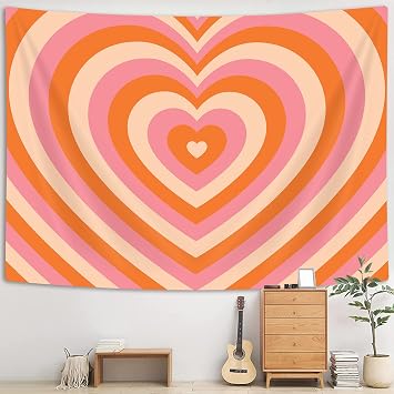 Uokiuki Retro Hippie Tapestry Cute Heart Tapestry 60s 70s Groovy Tapestry Aesthetic Y2K Tapestry Wall Hanging for Studio Room Bedroom Living Room Dorm 60 X 40 Inch Orange