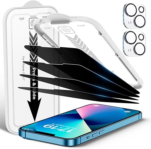Paquete de 4 protectores de pantalla de privacidad para iPhone 13 6.1 pulgadas con 2 protectores de lente de cámara, protección contra caídas