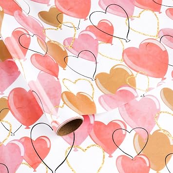 Heart Wrapping Paper Roll, 17 Inch x 19.7 Feet Pink Golden Heart Balloons Gift Wrap Paper for Birthday Baby Shower Wedding Bridal Shower Anniversary Valentines Day Anniversary Party Decor Supplies