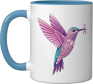 Awareness Hummingbird With Pink Ribbon, Support Breast Care Ceramic Mug, Blue/White