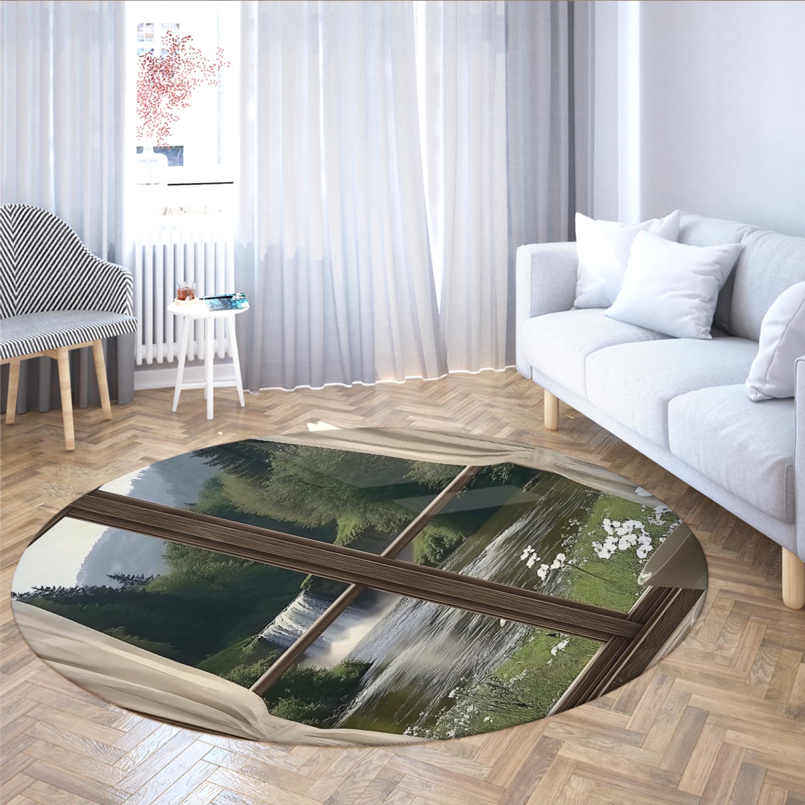 Tapis rond salon 160cm fin motif fleurs sauvages pour canapé
