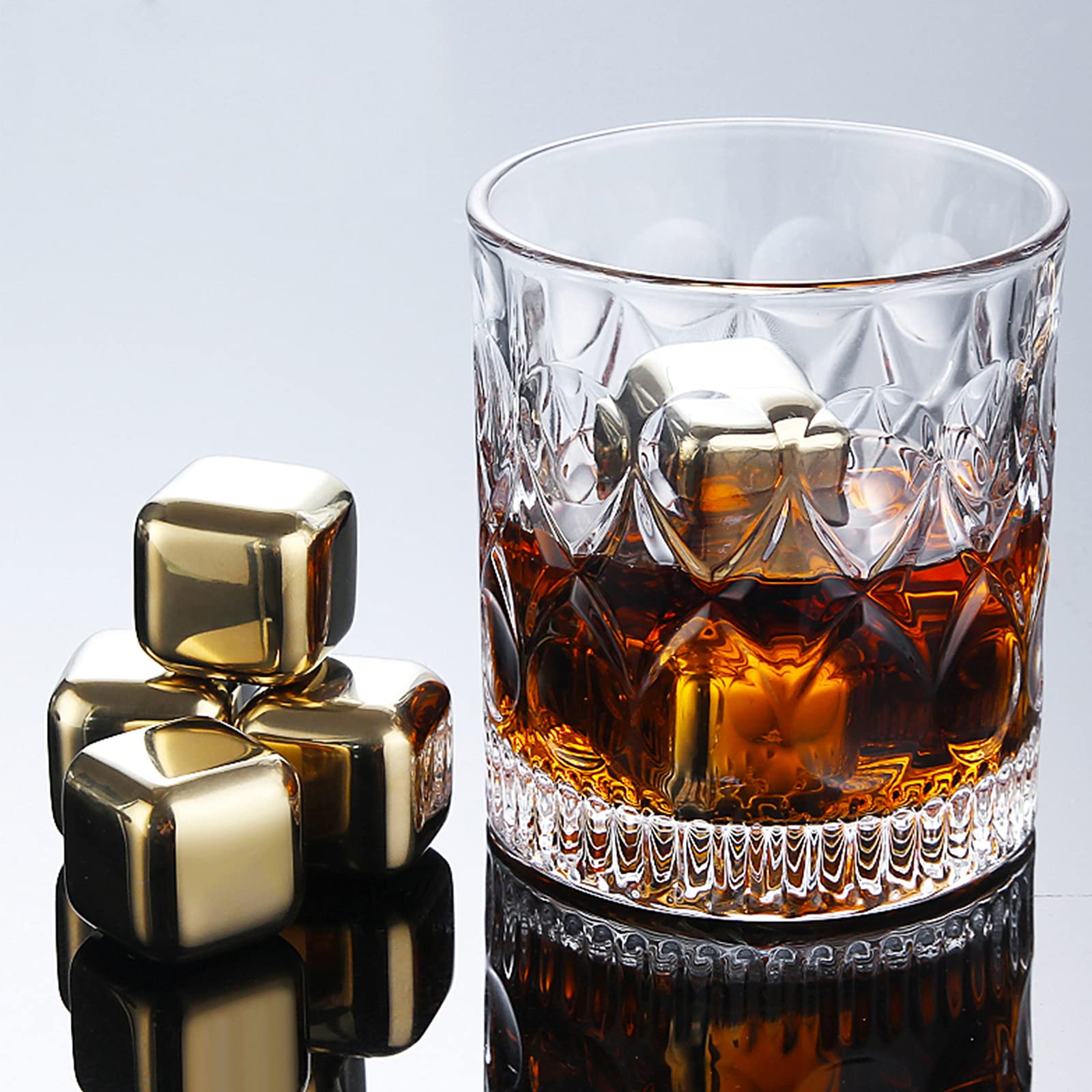 Piedras de Whisky Doradas Reutilizables Cubitos de Hielo Chilling Rocks Enfriador de Whisky Cubo de Hielo de Whisky Champagne Enfriador de Cerveza Acero Inoxidable,4PCS