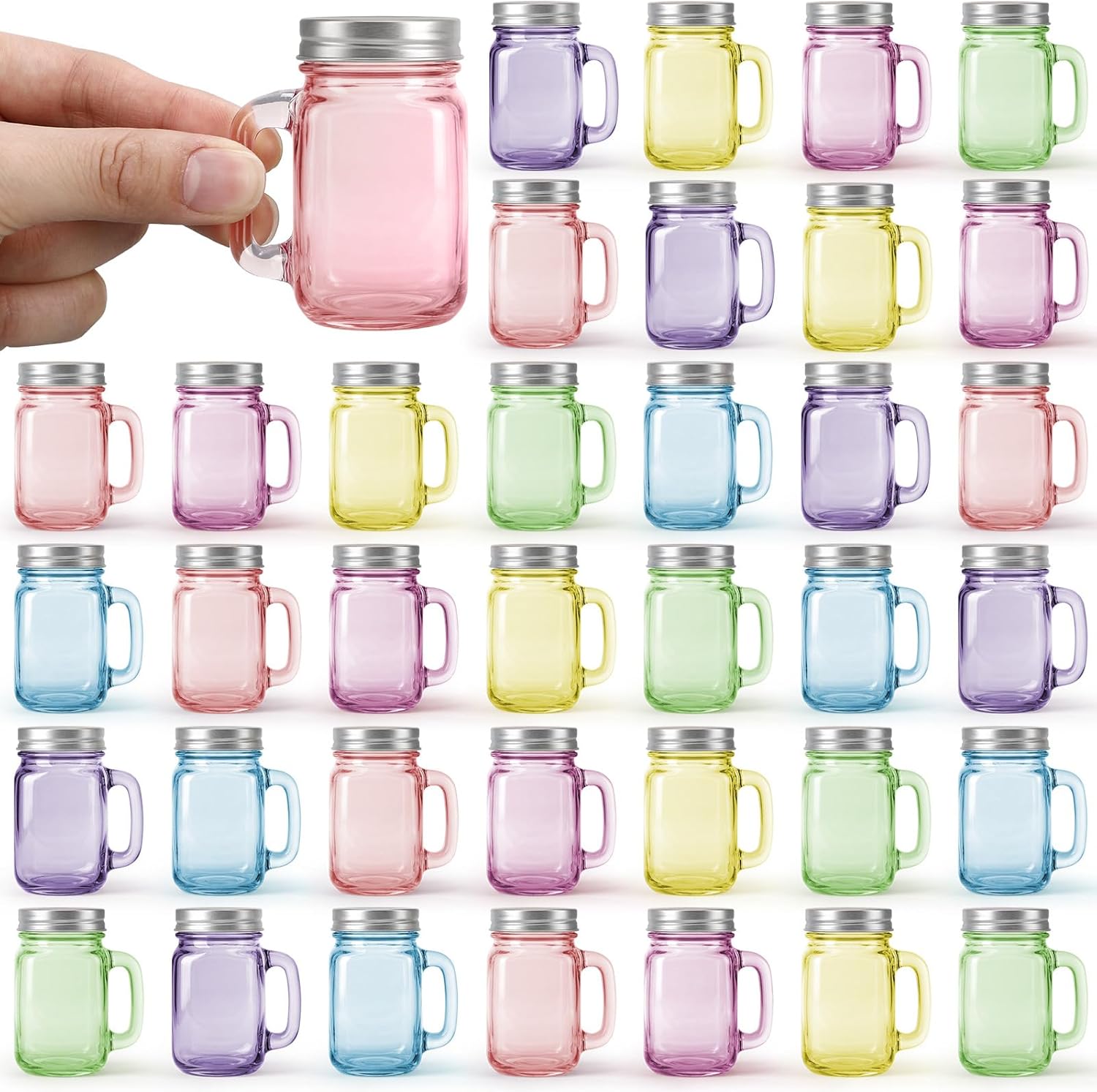 Yungyan 36 Pcs Mini Mason Jars Shot Glasses with Lids 1.7oz/50ml Colorful Reusable Glass Jars with Handles for Party Favors, Wedding, Baby Shower, Drink, Dessert, Condiments, Jams, Candle, DIY Crafts